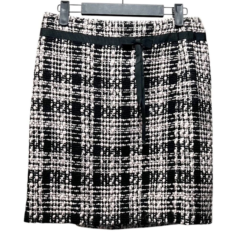 Ann Taylor LOFT Mini Tweed Skirt Black Light Pink Plaid Side Zip Sz 2P